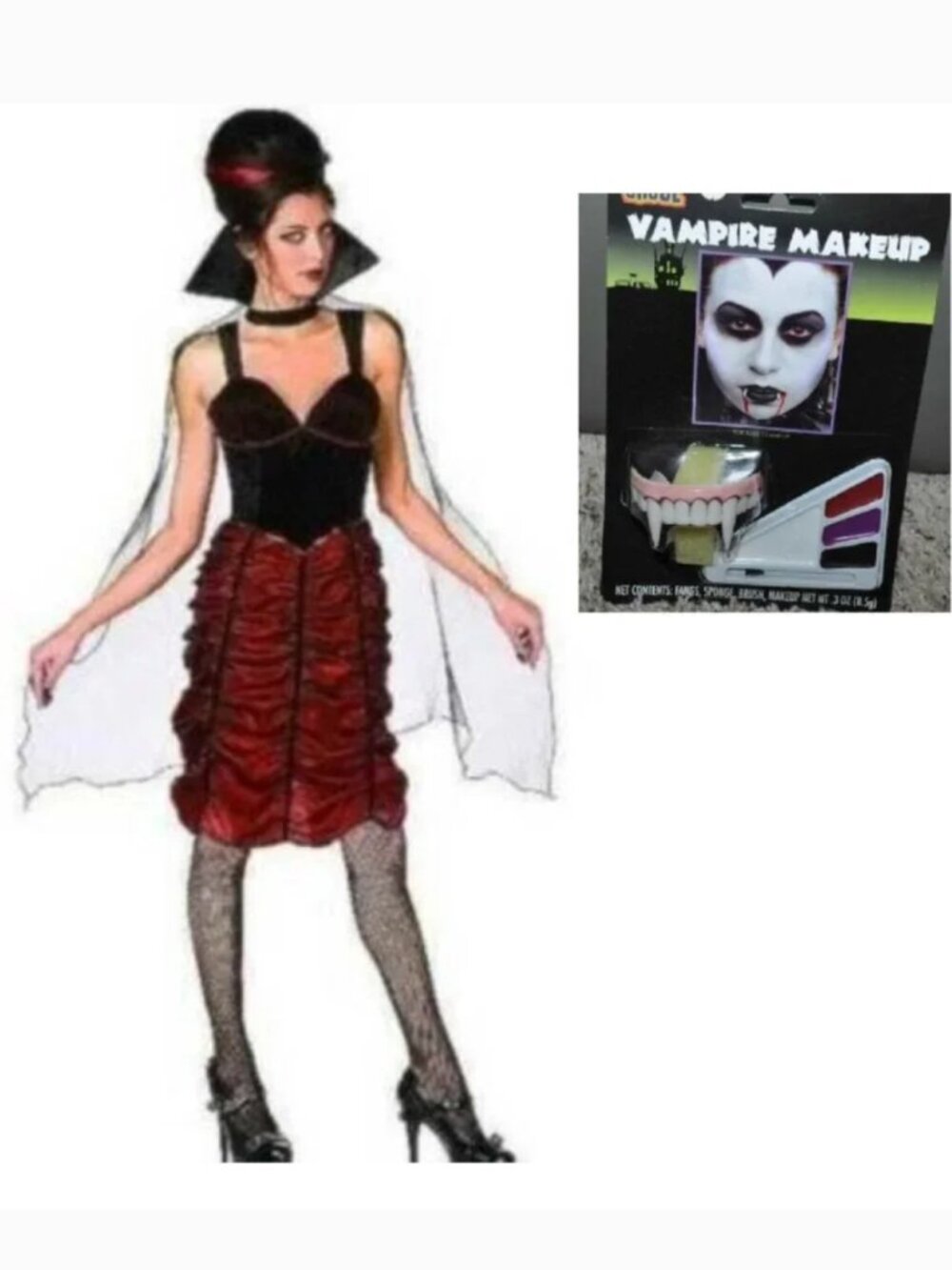 Vampiress Crimson Vampire & Makeup 12/14 Halloween Costume Dress Cape 3 Pc Women